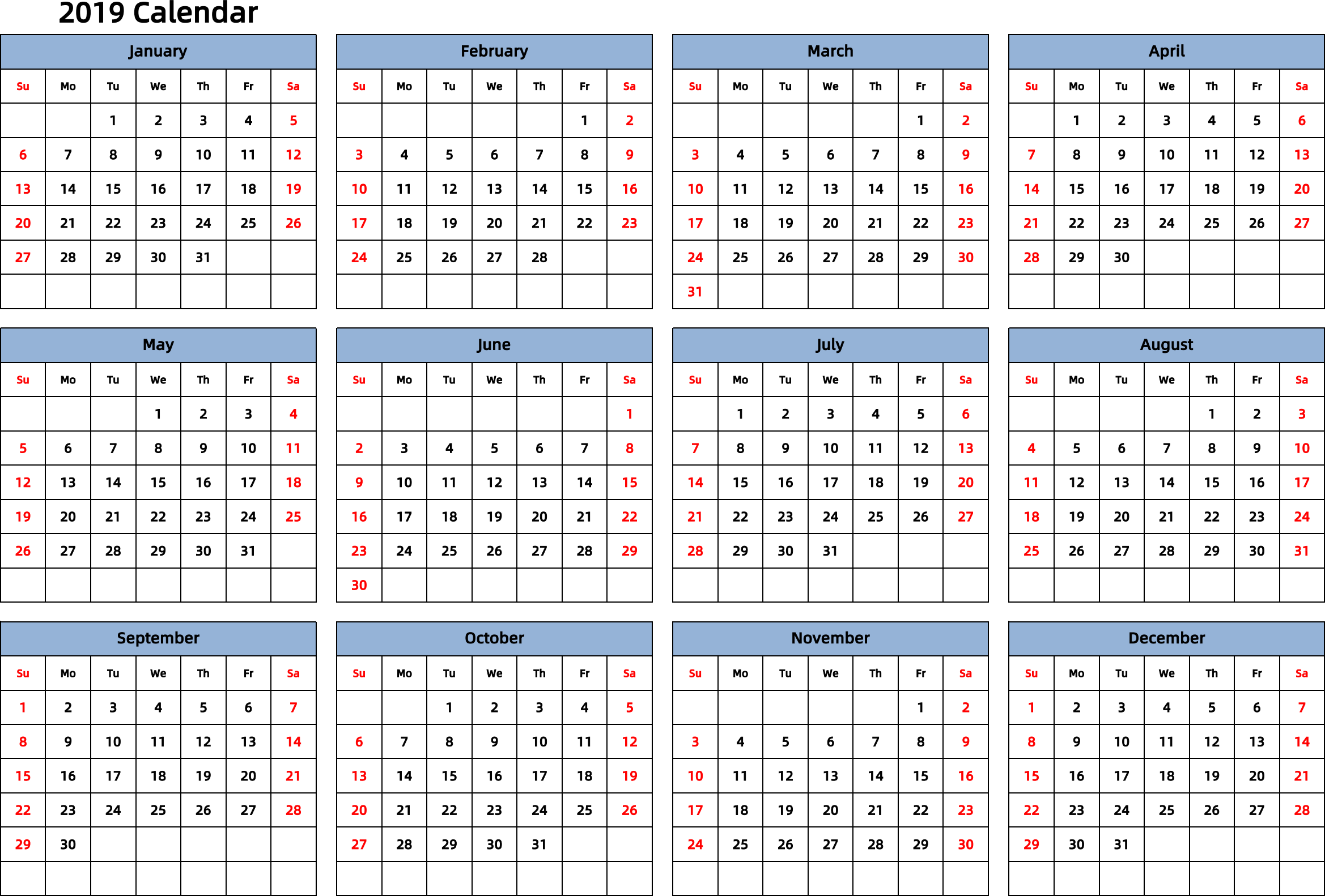 日历表2019年日历 英文版 横向排版 周日开始